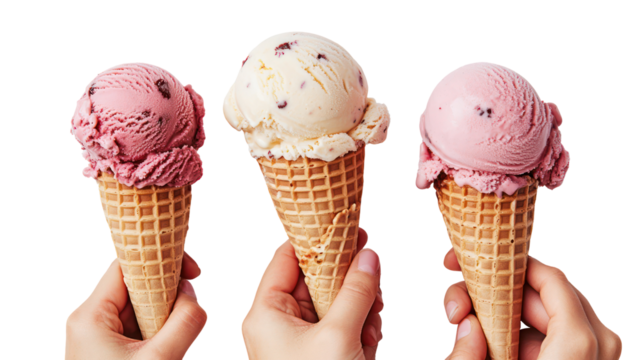 Three scoops of ice cream in waffle cones held by hands isolated on transparent background