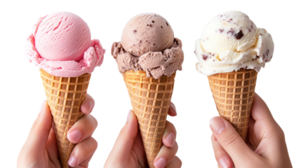 Three ice cream cones held in hands isolated on transparent background