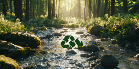 Recycling Symbol Over River in Forest with Sunlight