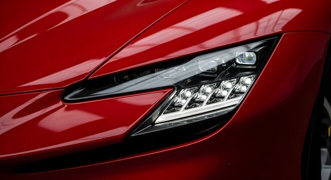 Close-up of a red Ferrari SF90 Stradale headlight.