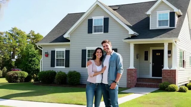 First time homebuyer loan concept. Happy Couples New Home Journey First Time Homebuyer Excitement with Loan and Keys to Dream House