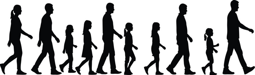 Family walking silhouettes, diverse ages in profile, people walking side view, parents and children, simple black vector illustration on white background