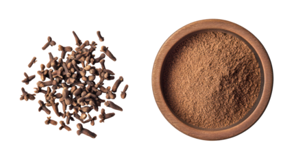 Whole cloves and ground cloves in a wooden bowl isolated on transparent background