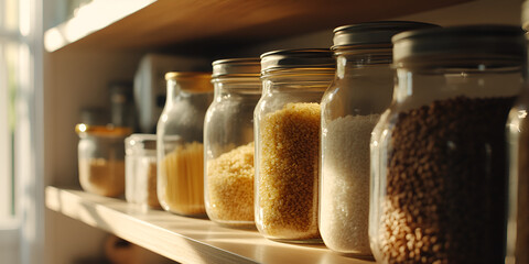 Glass Jars with Grains and Pasta on Kitchen Shelves