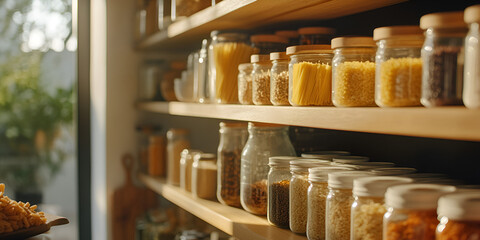 Glass Jars with Grains and Pasta on Kitchen Shelves