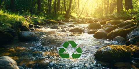 Recycling Symbol Over River in Forest with Sunlight