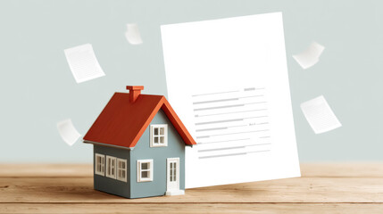 Bankruptcy and legal concept with model house and documents on wooden table