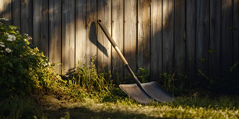 Garden Shovel and Rake Leaning Against Wooden Fence