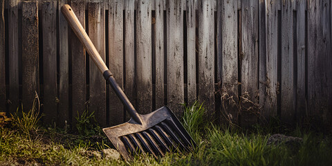 Garden Shovel and Rake Leaning Against Wooden Fence