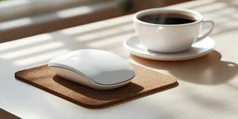 Cup of Coffee and Wireless Mouse on Wooden Office Desk