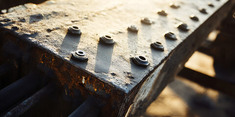 Rusty Metal Beam with Bolts in Warm Sunset Light