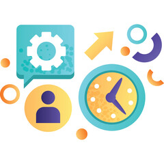 Business Icons Showing Gear Cog in Chat Bubble User Icon Clock with Arrows and Abstract Shapes in Teal Orange and Purple Gradients on Transparent Background