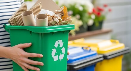 Woman Holding Green Recycling Bin with Paper Cardboard Waste Environmental Concept