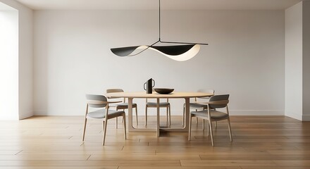 Minimalist dining room with round table, chairs, and striking contemporary lighting.