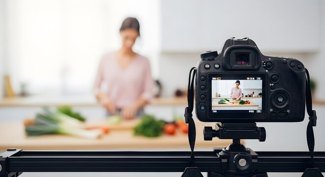 Vlogger Recording Cooking Tutorial Video with Camera in Bright Kitchen Home Broadcast