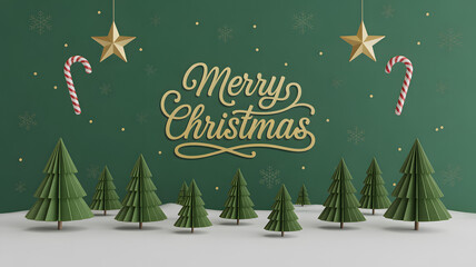 Festive merry christmas greeting with green trees, gold stars, and candy canes on a dark green background with snow