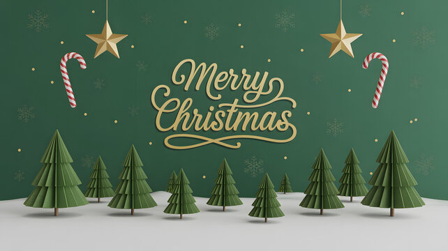 Festive merry christmas greeting with green trees, gold stars, and candy canes on a dark green background with snow