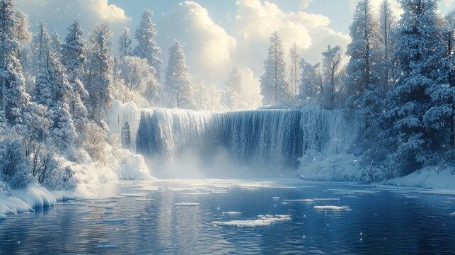 Frozen waterfall in snowy winter forest. (1)