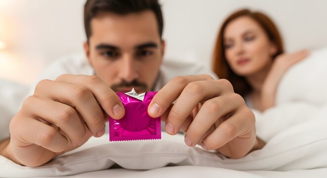 Man Opening Condom Packet Practicing Safe Sex Sexual Health STD Prevention