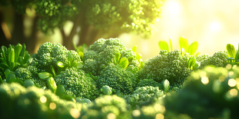 Fresh Green Broccoli Field in Morning Sunlight