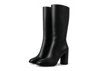 Pair of fashionable black leather knee-high women's boots with block heels, an essential item for autumn and winter style