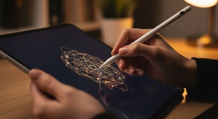 Creative professional sketching complex 3D forms using a digital pen on a tablet