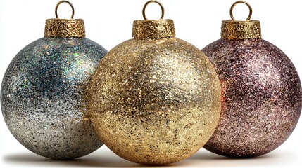 Three glittery christmas ornaments in silver gold and pink colors on white background.