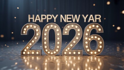 Brightly lit 2026 marquee numbers celebrate happy new year