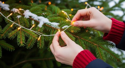 Decorating a Christmas tree with festive fairy lights outdoors