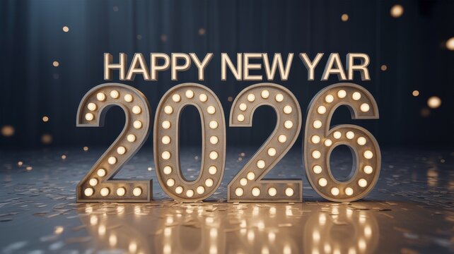 Brightly lit 2026 marquee numbers celebrate happy new year