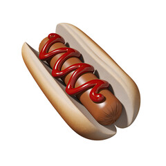 A delicious hot dog with ketchup in a bun isolated on a black background symbolizing fast food and casual dining