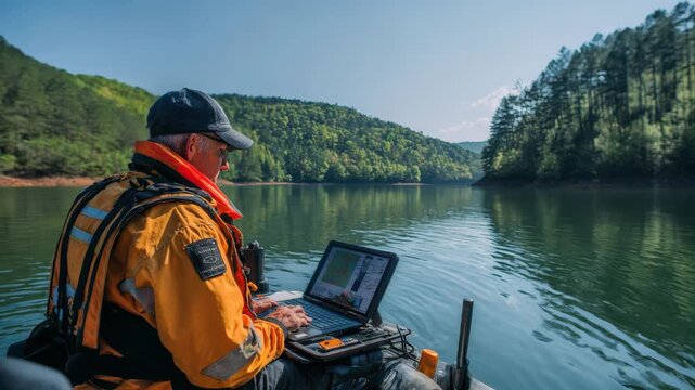 Medium shot of technician analyzing hydrographic data near a calm reservoir using sonar to map underwater terrain and detect potential hazards.