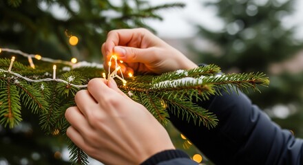 Decorating a snowy evergreen branch with warm glowing string lights