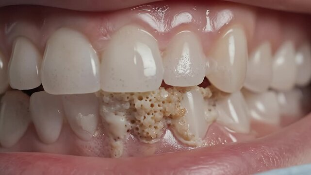 Close-up of human lower teeth with severe dental plaque and calculus buildup, highlighting poor oral hygiene and gum health issues.