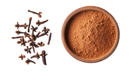 Whole dried cloves and fenugreek seeds in a bowl isolated on transparent background