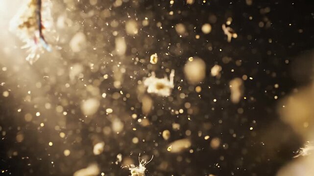 Microscopic Particles and Organic Debris Floating in Liquid Illuminated by Light Beam with Bokeh Effect