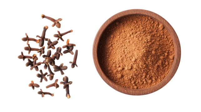 Whole cloves and ground cloves in a wooden bowl isolated on transparent background