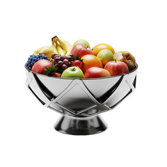 A Generous Assortment Of Fresh Fruits In A Modern Silver Bowl On A Black Background