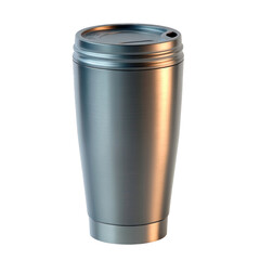 A Metallic Silver Insulated Tumbler Cup with a Lid for Hot or Cold Beverages Isolated on a Black Background Studio Lighting