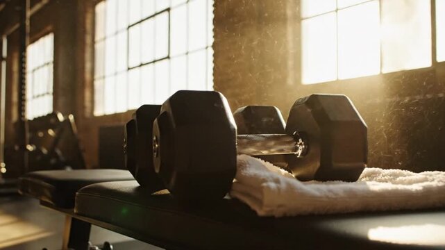 Dumbbells and towel on a bench in a gym with sunlight streaming through window