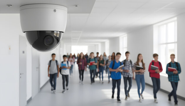 A dome security camera mounted on a ceiling monitoring a busy school hallway where diverse children and teens are walking. Generative AI.