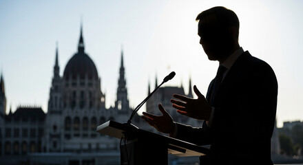 Faceless editorial image of politician at podium, symbolizing leadership and governance.