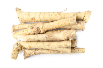 Fresh horseradish roots isolated on white, top view