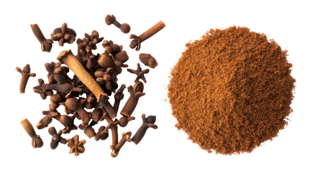 Whole and ground cloves spice isolated on transparent background