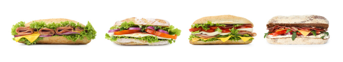 Set with delicious sandwiches of ciabatta on white background