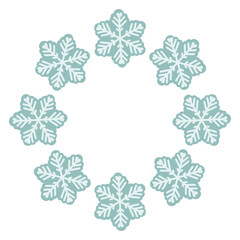 Vector illustration of cute snowflakes arranged in a circular frame. Winter holiday design, Christmas decoration, snowflake wreath, isolated on white background, perfect for greeting cards and prints