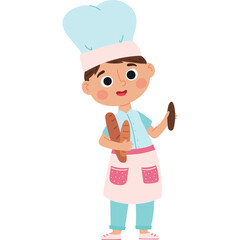 Cartoon Boy Baker Wearing Blue Chef Hat and Apron Holding Freshly Baked Baguette Bread on a White Background
