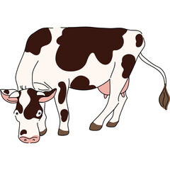 Cartoon Brown And White Cow Grazing Transparent Background Farm Animal In Simple Style