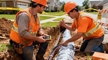 Medium shot of workers inspecting buried cables in a suburban environment underlining maintenance and safety in residential power networks.