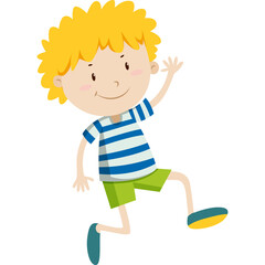 Cartoon Blonde Haired Boy Wearing A Blue And White Striped T Shirt And Green Shorts In A Playful Pose With A Transparent Background